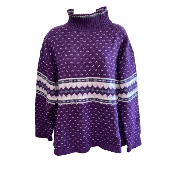 Vintage 90’s Paris Sport Club Purple Fair Isle Wool Oversized Ski Sweater L - Picture 4 of 5